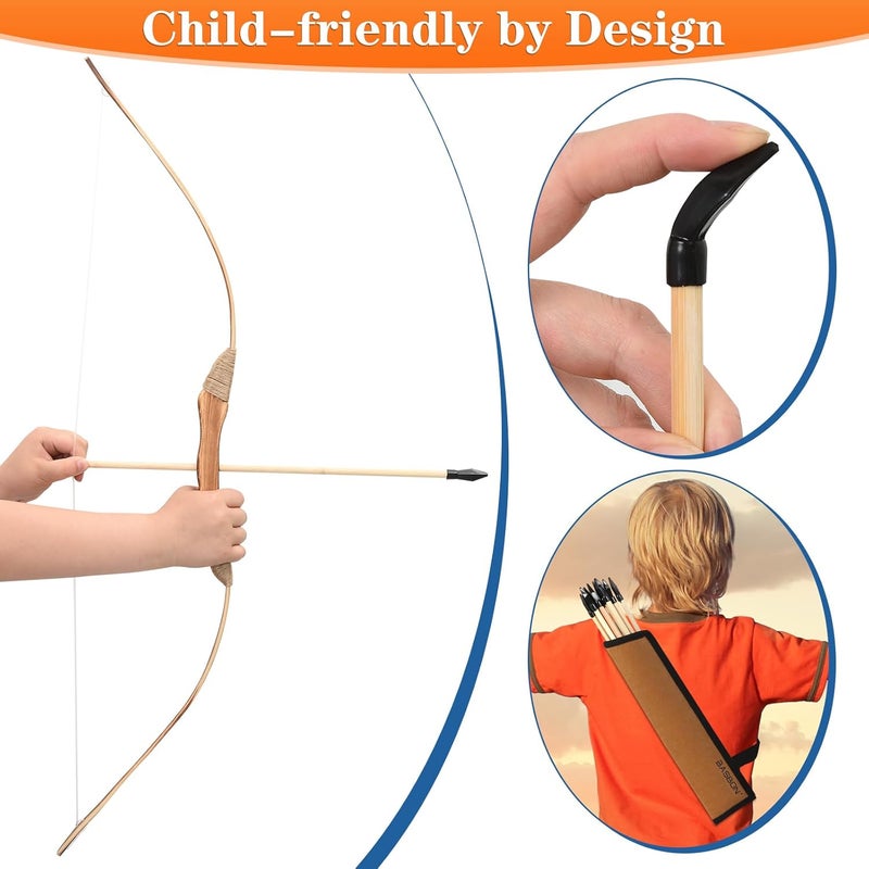 Basbon Kids Bow and Arrow Set, 32 Inch Archery Set Handmade Wooden Toy Bow and Arrow for Kids 6-8 8-12, 1 Bows 1 Quivers 10 Arrows 3 Targets & Storage Bag, Gifts for Youth Boys and Girls - Image 3